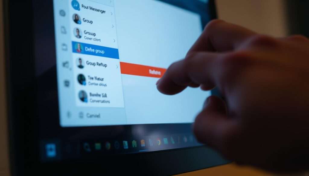 A close-up view of a computer desktop, the cursor hovering over the "Messenger" application. The screen displays a window with a list of group conversations, one of which is highlighted. The user's hand is reaching towards the mouse, poised to select the "Delete" or "Remove" option. The scene is bathed in a soft, ambient lighting, creating a sense of focus and intentionality. The background is blurred, emphasizing the task at hand. The overall mood is one of precision and control, as the user prepares to permanently remove the selected group from their Messenger account. A close-up view of a computer desktop, the cursor hovering over the "Messenger" application. The screen displays a window with a list of group conversations, one of which is highlighted. The user's hand is reaching towards the mouse, poised to select the "Delete" or "Remove" option. The scene is bathed in a soft, ambient lighting, creating a sense of focus and intentionality. The background is blurred, emphasizing the task at hand. The overall mood is one of precision and control, as the user prepares to permanently remove the selected group from their Messenger account.