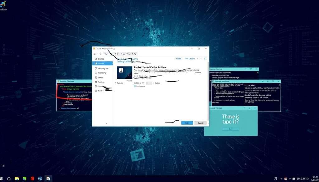 A complex software bug-filled desktop interface, with glitching windows, error messages, and distorted graphical elements. The foreground shows a central Task Host Window, its interface plagued by corrupted icons, faulty menus, and malfunctioning controls. The middle ground features additional application windows exhibiting visual artifacts, unresponsive UI, and signs of software update issues. The background is a dimly lit, disordered digital landscape, with scattered fragments of code, pixelated textures, and a sense of technological disarray. The overall mood is one of system instability, operational disruption, and the frustration of dealing with application and update problems.