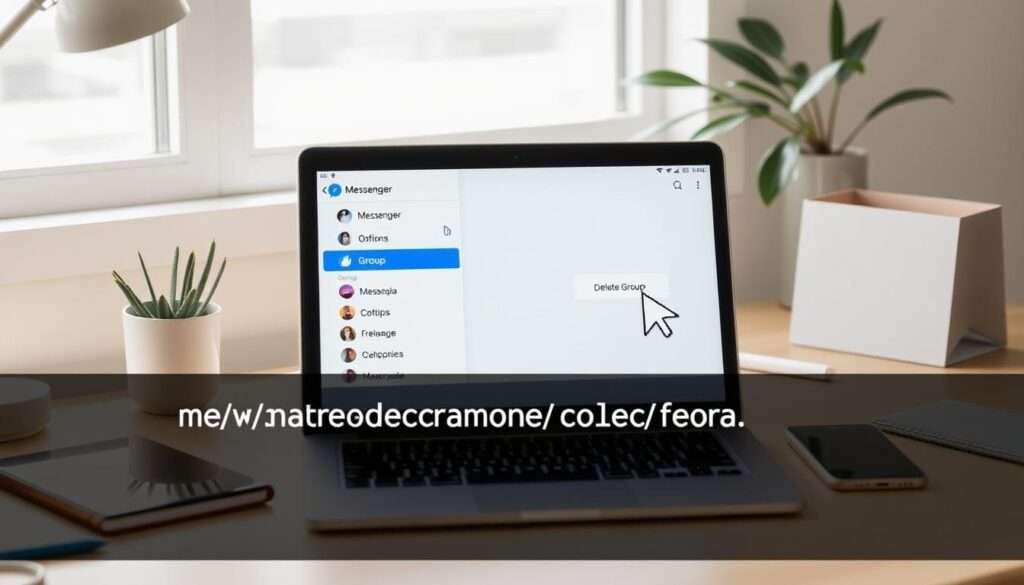 A detailed, step-by-step tutorial on how to permanently delete a Messenger group. Bright, clean desktop setup with a laptop, smartphone, and other digital devices. A cursor navigates through the Messenger app, highlighting the group options and the "Delete Group" button. Soft, natural lighting illuminates the scene, emphasizing the intuitive UI. The overall atmosphere is informative and instructional, guiding the viewer through the process effortlessly. A detailed, step-by-step tutorial on how to permanently delete a Messenger group. Bright, clean desktop setup with a laptop, smartphone, and other digital devices. A cursor navigates through the Messenger app, highlighting the group options and the "Delete Group" button. Soft, natural lighting illuminates the scene, emphasizing the intuitive UI. The overall atmosphere is informative and instructional, guiding the viewer through the process effortlessly.