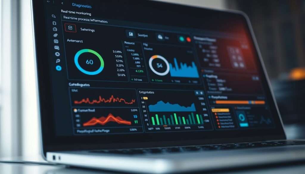 A well-lit, close-up view of a computer system's diagnostic interface, showcasing real-time monitoring of system processes, resource utilization, and performance metrics. The screen displays a clean, minimalist design with intuitive visualizations and interactive controls. The foreground features a sleek, modern desktop computer or laptop, with a depth of field that softly blurs the background, creating a professional, technical atmosphere. The lighting is balanced, with a combination of ambient and directional sources that enhance the clarity and contrast of the on-screen information. The overall composition conveys a sense of efficiency, analysis, and problem-solving, suitable for illustrating the "Diagnostyka i monitorowanie problem&oacute;w" section of the article.