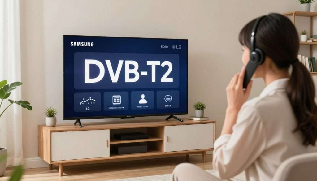 A cozy, modern living room featuring a sleek Samsung, LG, or Sony television prominently displayed on a stylish entertainment unit. In the foreground, a friendly customer service representative, dressed in professional attire, is engaging with a customer over a phone call, demonstrating accessibility and support. The background showcases a well-lit interior with soft, natural light streaming in through a window, creating a warm atmosphere. The scene emphasizes a sense of reassurance and professionalism, highlighting the importance of customer service in resolving technical issues like DVB-T2 channel problems. A few decorative plants and a minimalistic shelving unit add depth without distracting from the main focus, while the overall composition is balanced and inviting. A cozy, modern living room featuring a sleek Samsung, LG, or Sony television prominently displayed on a stylish entertainment unit. In the foreground, a friendly customer service representative, dressed in professional attire, is engaging with a customer over a phone call, demonstrating accessibility and support. The background showcases a well-lit interior with soft, natural light streaming in through a window, creating a warm atmosphere. The scene emphasizes a sense of reassurance and professionalism, highlighting the importance of customer service in resolving technical issues like DVB-T2 channel problems. A few decorative plants and a minimalistic shelving unit add depth without distracting from the main focus, while the overall composition is balanced and inviting.