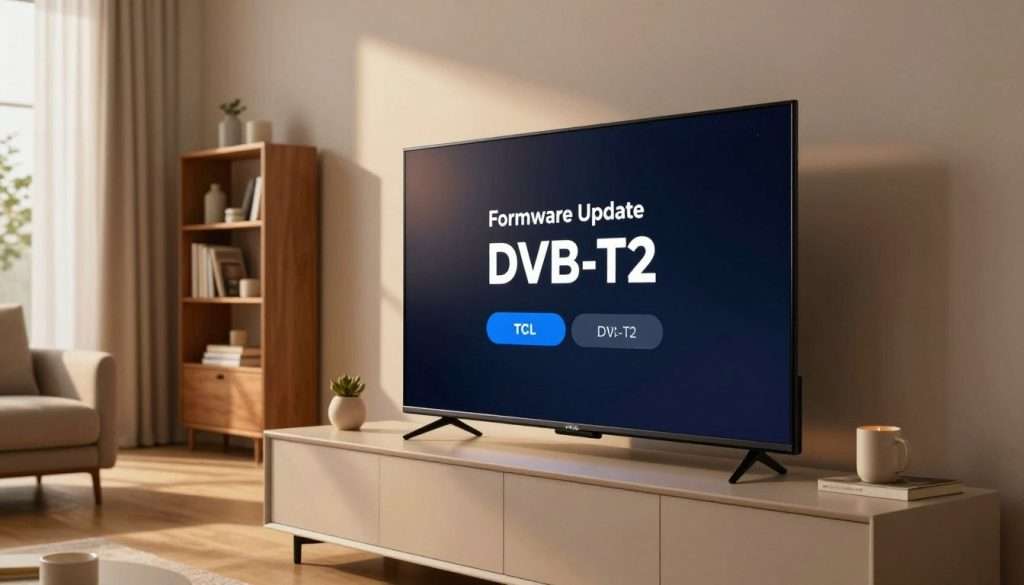 A modern TCL television on a sleek console, prominently displaying the firmware update screen for DVB-T2. In the foreground, the TV emits a soft, warm glow, illuminating the room in a cozy ambiance. The middle ground features a well-organized living space with minimalistic decor, including a stylish bookshelf and a comfortable sofa, contributing to a tech-savvy atmosphere. The background showcases a large window with natural light streaming in, casting gentle shadows. The scene is captured from a slightly angled perspective to emphasize the TV and the update interface. Overall, the mood is calm and focused, highlighting the importance of software updates in a contemporary home entertainment setting, with a hint of technological advancement. A modern TCL television on a sleek console, prominently displaying the firmware update screen for DVB-T2. In the foreground, the TV emits a soft, warm glow, illuminating the room in a cozy ambiance. The middle ground features a well-organized living space with minimalistic decor, including a stylish bookshelf and a comfortable sofa, contributing to a tech-savvy atmosphere. The background showcases a large window with natural light streaming in, casting gentle shadows. The scene is captured from a slightly angled perspective to emphasize the TV and the update interface. Overall, the mood is calm and focused, highlighting the importance of software updates in a contemporary home entertainment setting, with a hint of technological advancement.