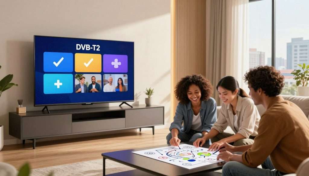 A modern living room with a sleek Samsung, LG, and Sony television prominently displayed on a stylish wall unit. The TV screens showcase various DVB-T2 channels, with animated graphics symbolizing connectivity and problem-solving, such as checkmarks and puzzle pieces. In the foreground, a team of three diverse professionals in smart casual attire collaborates over a technical diagram spread across a coffee table. The middle ground features a warm ambiance with soft, natural lighting streaming through a large window, highlighting the cheerful atmosphere of innovation. In the background, a cityscape can be seen through the window, suggesting a vibrant urban living environment. The overall mood is optimistic and solution-focused, emphasizing teamwork and innovation in resolving DVB-T2 issues. A modern living room with a sleek Samsung, LG, and Sony television prominently displayed on a stylish wall unit. The TV screens showcase various DVB-T2 channels, with animated graphics symbolizing connectivity and problem-solving, such as checkmarks and puzzle pieces. In the foreground, a team of three diverse professionals in smart casual attire collaborates over a technical diagram spread across a coffee table. The middle ground features a warm ambiance with soft, natural lighting streaming through a large window, highlighting the cheerful atmosphere of innovation. In the background, a cityscape can be seen through the window, suggesting a vibrant urban living environment. The overall mood is optimistic and solution-focused, emphasizing teamwork and innovation in resolving DVB-T2 issues.
