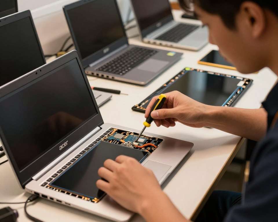 A close-up scene depicting the process of replacing laptop screens in various Acer models, set on a well-lit workbench. In the foreground, an open Acer laptop with a partially removed screen, revealing internal components like circuits and wires, showcasing the intricate details of laptop repair. In the middle, a technician wearing professional attire, focused and engaged, using specialized tools like a screwdriver and display pry tool. Various Acer laptop models, including Aspire and Predator, are visible in the background, with their screens detached and neatly arranged. The warm, ambient lighting creates a productive and focused atmosphere, enhancing the clarity of the workspace and tools. A close-up scene depicting the process of replacing laptop screens in various Acer models, set on a well-lit workbench. In the foreground, an open Acer laptop with a partially removed screen, revealing internal components like circuits and wires, showcasing the intricate details of laptop repair. In the middle, a technician wearing professional attire, focused and engaged, using specialized tools like a screwdriver and display pry tool. Various Acer laptop models, including Aspire and Predator, are visible in the background, with their screens detached and neatly arranged. The warm, ambient lighting creates a productive and focused atmosphere, enhancing the clarity of the workspace and tools.