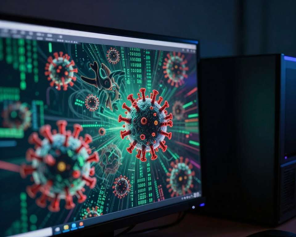A close-up view of a computer screen displaying a vivid visualization of computer viruses, represented as menacing digital creatures and abstract shapes, intertwined with binary code. In the foreground, emphasize the screen showing virus icons with ominous red and green hues, conveying a sense of danger. The middle ground features a sleek, modern PC setup, with dramatic lighting that highlights the screen and casts shadows, creating a tense atmosphere. In the background, a dimly lit room with blurred outlines of electronic components, enhancing the sense of a high-tech environment. Use a shallow depth of field to focus attention on the screen while evoking a mood of intrigue and caution. A close-up view of a computer screen displaying a vivid visualization of computer viruses, represented as menacing digital creatures and abstract shapes, intertwined with binary code. In the foreground, emphasize the screen showing virus icons with ominous red and green hues, conveying a sense of danger. The middle ground features a sleek, modern PC setup, with dramatic lighting that highlights the screen and casts shadows, creating a tense atmosphere. In the background, a dimly lit room with blurred outlines of electronic components, enhancing the sense of a high-tech environment. Use a shallow depth of field to focus attention on the screen while evoking a mood of intrigue and caution.