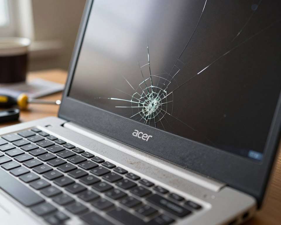 A close-up view of a damaged Acer laptop screen displaying a prominent crack running diagonally across the display. The screen is reflecting natural light from a nearby window, creating glints on the shattered glass. In the foreground, the laptop's keyboard is slightly blurred, showcasing some dust and wear, adding to the ambiance of neglect. The background features a desk cluttered with tools like a screwdriver, a small repair manual, and a cup of coffee, illustrating the ongoing repair process. The atmosphere is slightly somber yet focused, emphasizing the frustration and determination of repairing a broken device after accidental damage. The scene is captured with a shallow depth of field, highlighting the broken screen while keeping the background softly out of focus.