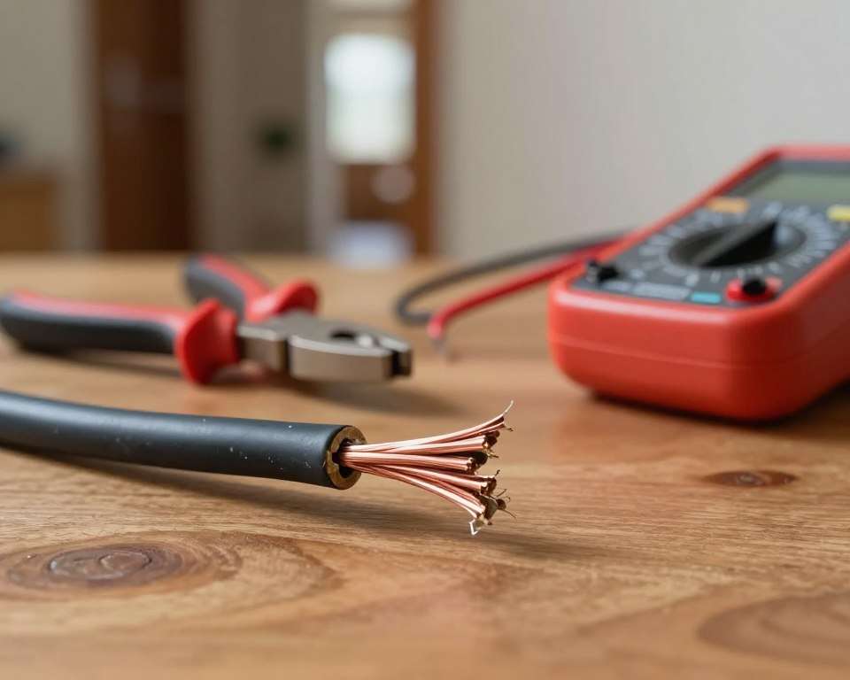 A close-up view of a damaged intercom cable, with frayed wires and a broken connection, lying on a wooden surface. In the foreground, highlight the exposed copper strands of the cable, showing signs of wear and tear. In the middle ground, depict tools like wire cutters and a multimeter, suggesting repair work in progress. The background should feature a blurred view of an apartment hallway, hinting at a residential setting. Soft, ambient lighting enhances the technical feel of the scene, while creating a serious atmosphere. The camera angle should be slightly overhead, capturing both the damaged cable and the tools clearly, focusing on conveying the causes of intercom cable damage.
