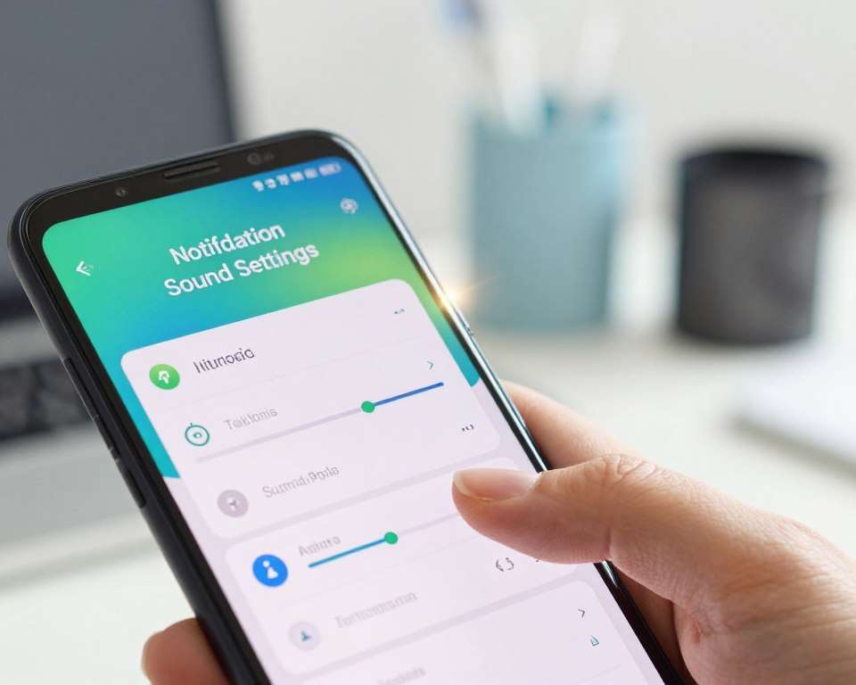 A close-up view of a smartphone's settings interface showcasing the "Notification Sound Settings" on an Android device. The foreground features a bright, colorful display, clearly showing various options like sound selection, volume sliders, and notification tones, with fingers gently tapping on the screen. In the middle ground, a soft gradient of blue and green tones enhances the tech-savvy feel, while the background subtly blurs with a stylish modern office setting, hinting at an efficient workspace. The lighting is bright, creating a well-lit environment that accentuates the screen's clarity, with a slight lens flare for depth. The atmosphere conveys a sense of clear, organized technology, inviting readers to explore the sound settings intuitively.