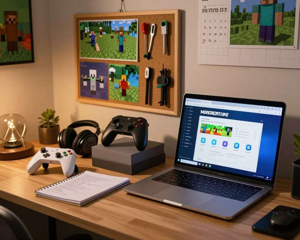 A cozy, well-organized workspace showcasing the preparation for updating Minecraft Bedrock Edition. In the foreground, a laptop with the Minecraft update page open, displaying colorful graphics and icons related to the game. Beside it, a neatly arranged stack of gaming accessories, like a game controller, headphones, and a notepad with important notes. The middle ground features a bulletin board with screenshots of Minecraft, tools for gamers, and a calendar marked with update dates. In the background, soft lighting illuminates a wall adorned with Minecraft-themed artwork, creating an inviting and focused atmosphere. The overall mood is one of anticipation and eagerness, perfect for gamers preparing for an update. The angle is slightly elevated, capturing both the foreground details and the cozy ambiance of the room.