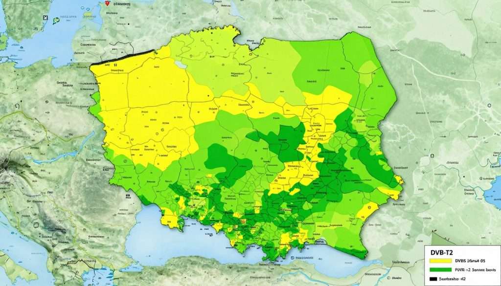 A detailed and vibrant map of the DVB-T2 signal coverage across Poland, emphasizing regions with high signal quality. In the foreground, distinct geographical outlines of major Polish cities and towns. The middle layer features clear, color-coded areas representing varying signal strengths, with bright greens indicating strong signals and yellows for weaker zones. The background shows a soft gradient of blue skies, suggesting a clear day for optimal viewing conditions. The map includes prominent landmarks and natural features like rivers and mountains to enhance visual interest. The lighting is even and natural, creating a sense of clarity and precision. The atmosphere is informative yet engaging, inviting readers to explore the coverage regions. No text, logos, or markings are present.