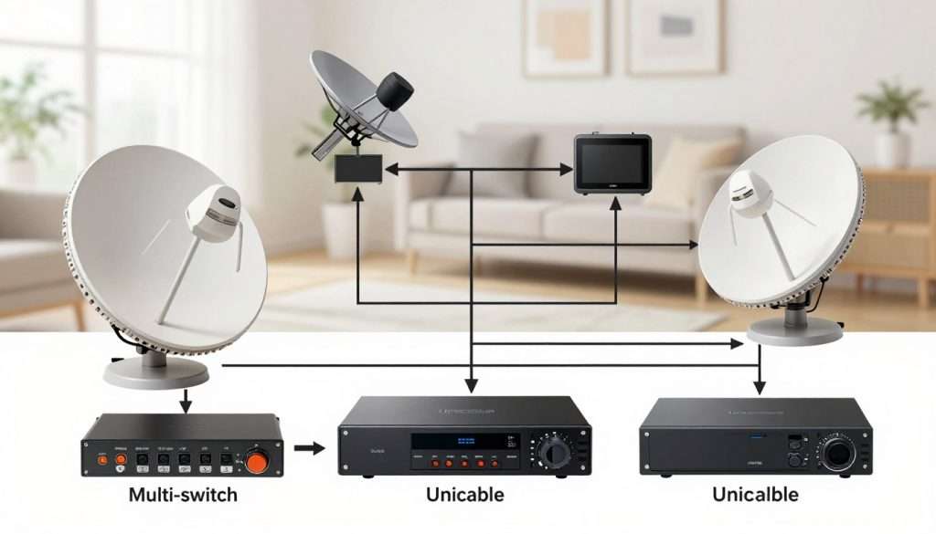 A detailed diagram illustrating the Unicable system's operation, featuring a clear representation of its components such as satellite dishes, multi-switches, and decoders. In the foreground, include labeled parts with arrows demonstrating signal flow. The middle section should feature a simplified wiring layout that connects multiple devices to a single satellite source. In the background, a faint illustration of a home environment, subtly indicating where the Unicable system might be used. The lighting should be bright and informative, mimicking a well-lit technical drawing, with a focus on clarity and ease of understanding. Aim for a professional, educational atmosphere, suitable for a technical article, ensuring all elements are arranged in a logical and visually appealing manner. A detailed diagram illustrating the Unicable system's operation, featuring a clear representation of its components such as satellite dishes, multi-switches, and decoders. In the foreground, include labeled parts with arrows demonstrating signal flow. The middle section should feature a simplified wiring layout that connects multiple devices to a single satellite source. In the background, a faint illustration of a home environment, subtly indicating where the Unicable system might be used. The lighting should be bright and informative, mimicking a well-lit technical drawing, with a focus on clarity and ease of understanding. Aim for a professional, educational atmosphere, suitable for a technical article, ensuring all elements are arranged in a logical and visually appealing manner.