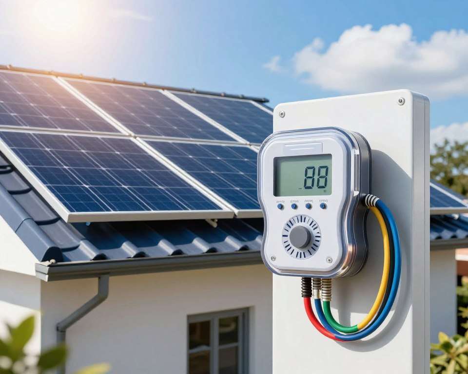 A detailed illustration of a bi-directional electricity meter used in a photovoltaic (solar panel) installation. In the foreground, showcase a modern, sleek bi-directional meter with clear digital display, surrounded by color-coded wires connecting to solar panels and a home electrical system. In the middle ground, depict a simplified solar panel array on a roof, with sunlight streaming down, enhancing the vibrant colors of both the panels and the meter. In the background, include a clear blue sky dotted with a few clouds, indicating a sunny day, emphasizing the theme of renewable energy. The image should have natural lighting that casts soft shadows, illustrating a professional yet inviting atmosphere, ideal for an educational context about solar energy systems. A detailed illustration of a bi-directional electricity meter used in a photovoltaic (solar panel) installation. In the foreground, showcase a modern, sleek bi-directional meter with clear digital display, surrounded by color-coded wires connecting to solar panels and a home electrical system. In the middle ground, depict a simplified solar panel array on a roof, with sunlight streaming down, enhancing the vibrant colors of both the panels and the meter. In the background, include a clear blue sky dotted with a few clouds, indicating a sunny day, emphasizing the theme of renewable energy. The image should have natural lighting that casts soft shadows, illustrating a professional yet inviting atmosphere, ideal for an educational context about solar energy systems.