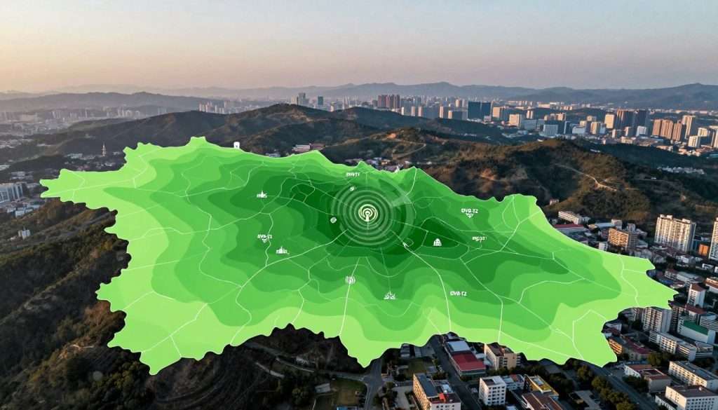A detailed map illustrating the DVB-T2 signal coverage area, focusing on a geographical region with rolling hills and urban areas. In the foreground, show well-marked signal reach zones in various shades of green representing strong to weak coverage. In the middle, include small icons or symbols indicating the locations of DVB-T2 transmitters spread across the region, with clear signals radiating outwards. The background features a mix of natural landscapes and city skylines, with a soft gradient sky indicating early evening light, creating a calm and informative atmosphere. The angle should be slightly elevated, providing a comprehensive view of the coverage area as if observed from above, conveying a sense of clarity and accessibility in understanding signal distribution without any text or annotations.
