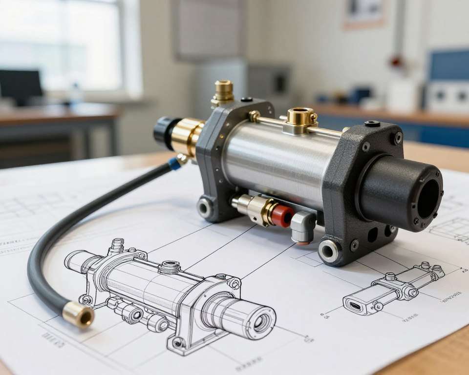 A detailed schematics diagram of a hydraulic distributor for a three-section hydraulic system. In the foreground, show clear, labeled components including hoses, valves, and the hydraulic cylinder connections, designed with intricate lines for technical clarity. The middle ground should feature the hydraulic distributor itself, depicted with realistic textures, metallic finishes, and proper positioning of the connectors. In the background, a soft-focus image of a workshop environment, illuminated with natural light to create a professional and instructional atmosphere. Capture the image at a slight angle to provide depth, showcasing each element of the equipment clearly, ensuring no text or watermarks are present. The overall mood should be focused and technical, reflecting the preparation process for connecting a hydraulic system.
