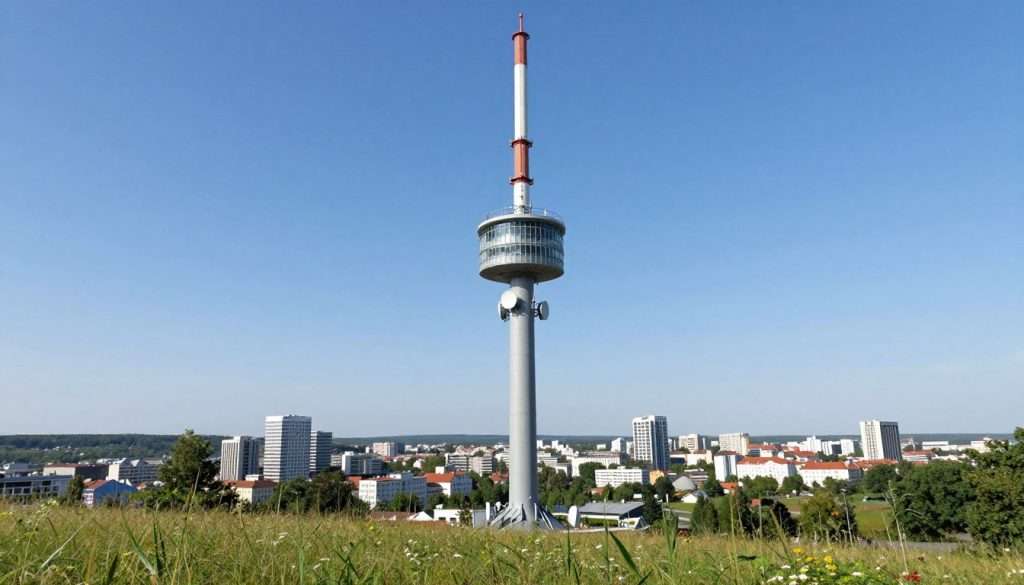 A detailed view of the DVB-T2 transmitter tower located in Katowice, standing tall against a clear blue sky. In the foreground, lush green grass and a few blooming wildflowers create a natural setting. The middle ground features the sleek cylindrical shape of the transmitter tower, covered in antennas and satellite dishes, gleaming under bright daylight. In the background, a panoramic view of the city of Katowice stretches out, showcasing distinct architectural styles from modern skyscrapers to historical buildings. The lighting is bright and inviting, with soft shadows highlighting the tower&rsquo;s features, captured from a slightly lower angle to emphasize its height. The atmosphere conveys a sense of technological advancement and connectivity, embodying the expectations of the DVB-T2 transmission landscape.