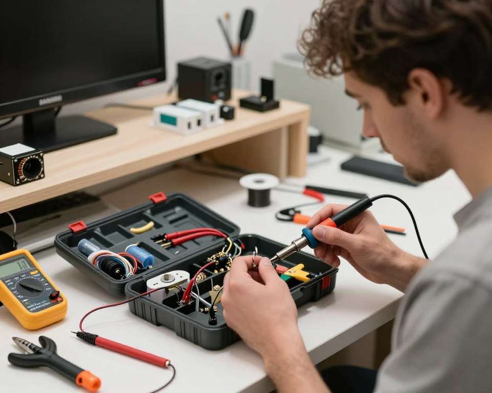 A detailed workspace showcasing electronic tools for cable soldering in a home intercom system repair. In the foreground, a professional in modest casual clothing concentrates on smoothly soldering wires, with a soldering iron and wire strippers clearly visible. The middle area features an open toolbox containing various electronic tools like a multimeter, heat shrink tubing, and a spool of solder. Background elements include a well-lit workshop with a neatly organized workbench, electrical components, and a Samsung TV setup, subtly hinting at the context of the task. Use soft, diffused lighting to create a focused and calm atmosphere, evoking a sense of professionalism and readiness for technical work. A detailed workspace showcasing electronic tools for cable soldering in a home intercom system repair. In the foreground, a professional in modest casual clothing concentrates on smoothly soldering wires, with a soldering iron and wire strippers clearly visible. The middle area features an open toolbox containing various electronic tools like a multimeter, heat shrink tubing, and a spool of solder. Background elements include a well-lit workshop with a neatly organized workbench, electrical components, and a Samsung TV setup, subtly hinting at the context of the task. Use soft, diffused lighting to create a focused and calm atmosphere, evoking a sense of professionalism and readiness for technical work.