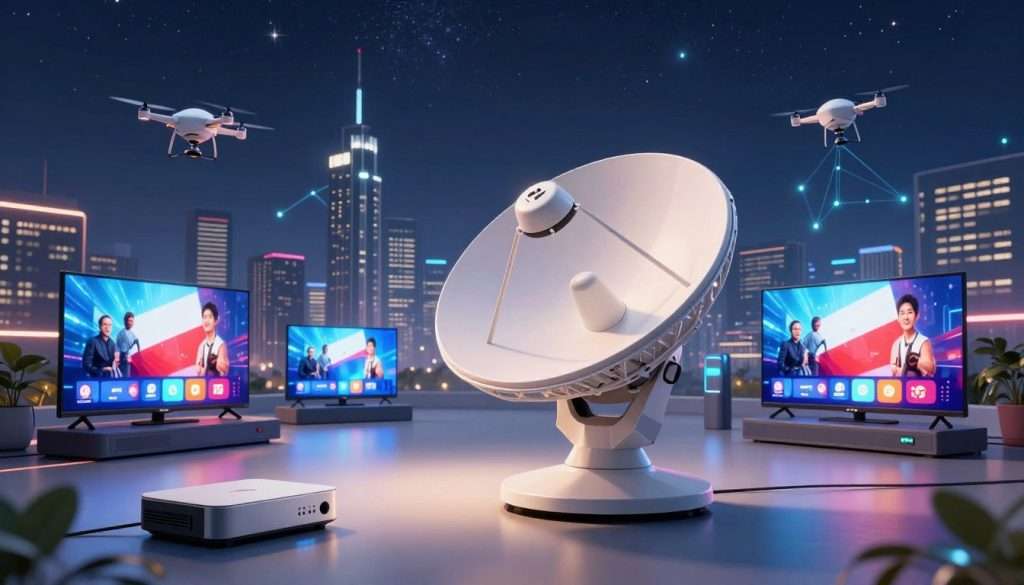A futuristic scene depicting the evolution of satellite television in Poland. In the foreground, a sleek, modern satellite dish, illuminated by soft, ambient lighting, captures signals. Surrounding it, advanced streaming devices and smart televisions showcase vivid, high-definition content. In the middle ground, a city skyline filled with skyscrapers highlights connectivity, with drone-like satellites floating above. The background features a starry night sky, symbolizing technological possibilities, with glowing digital nodes representing data flow. The overall atmosphere is optimistic and innovative, emphasizing the merging of traditional satellite technology with cutting-edge advancements. The scene should be captured from a slightly elevated angle, with a bright yet soft color palette that conveys a sense of progress and hope. A futuristic scene depicting the evolution of satellite television in Poland. In the foreground, a sleek, modern satellite dish, illuminated by soft, ambient lighting, captures signals. Surrounding it, advanced streaming devices and smart televisions showcase vivid, high-definition content. In the middle ground, a city skyline filled with skyscrapers highlights connectivity, with drone-like satellites floating above. The background features a starry night sky, symbolizing technological possibilities, with glowing digital nodes representing data flow. The overall atmosphere is optimistic and innovative, emphasizing the merging of traditional satellite technology with cutting-edge advancements. The scene should be captured from a slightly elevated angle, with a bright yet soft color palette that conveys a sense of progress and hope.