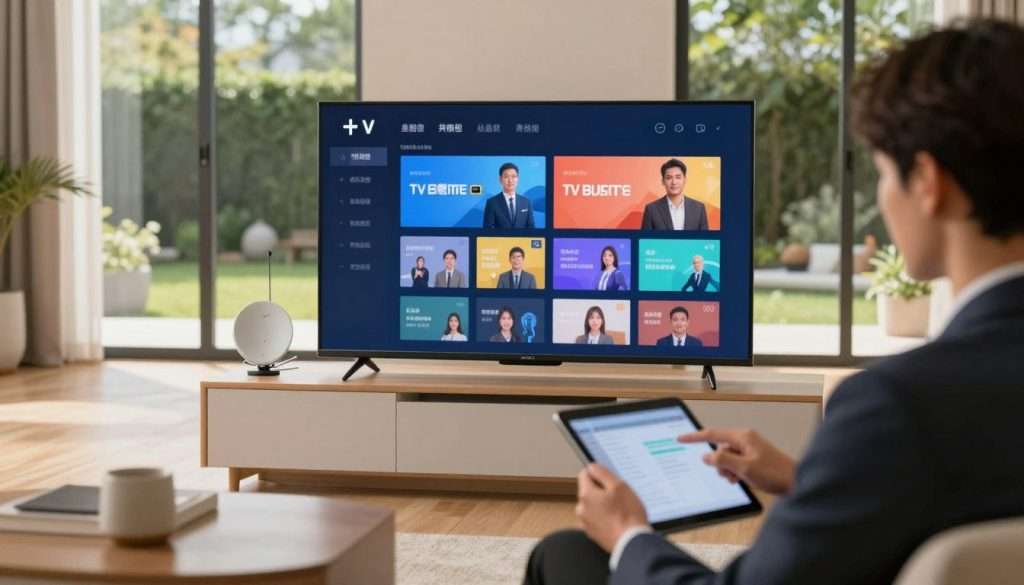 A modern living room setting featuring a sleek television with satellite dish elements displayed prominently. In the foreground, a person in professional attire uses a tablet to manage TV services remotely, with a focused expression. The middle layer includes the TV displaying a user interface screen showcasing various channels and options, with soft, warm lighting creating a cozy atmosphere. The background depicts large windows revealing a green garden, contributing to a calm environment. The composition captures a blend of technology and comfort, highlighting the theme of remote management of satellite TV services. The overall mood is professional yet inviting, emphasizing convenience and modern living. A modern living room setting featuring a sleek television with satellite dish elements displayed prominently. In the foreground, a person in professional attire uses a tablet to manage TV services remotely, with a focused expression. The middle layer includes the TV displaying a user interface screen showcasing various channels and options, with soft, warm lighting creating a cozy atmosphere. The background depicts large windows revealing a green garden, contributing to a calm environment. The composition captures a blend of technology and comfort, highlighting the theme of remote management of satellite TV services. The overall mood is professional yet inviting, emphasizing convenience and modern living.