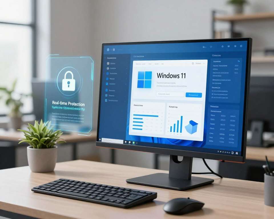 A sleek interface of Windows 11 showcasing real-time protection features, prominently featuring the security dashboard. In the foreground, a high-tech monitor displays vibrant graphs and analytical statistics, with a sleek keyboard and mouse positioned nearby, emphasizing a professional workspace. The middle ground features a digital assistant icon offering tips for enhancing system security, glowing softly against the monitor's light. The background should depict a modern office environment, with soft-focus elements like a potted plant and a bookshelf, conveying a calm and focused atmosphere. Lighting is bright and clean, with a subtle technological blue hue, giving an impression of innovation and safety. The image is free of text or any distractions, focusing solely on the theme of real-time protection in Windows 11. A sleek interface of Windows 11 showcasing real-time protection features, prominently featuring the security dashboard. In the foreground, a high-tech monitor displays vibrant graphs and analytical statistics, with a sleek keyboard and mouse positioned nearby, emphasizing a professional workspace. The middle ground features a digital assistant icon offering tips for enhancing system security, glowing softly against the monitor's light. The background should depict a modern office environment, with soft-focus elements like a potted plant and a bookshelf, conveying a calm and focused atmosphere. Lighting is bright and clean, with a subtle technological blue hue, giving an impression of innovation and safety. The image is free of text or any distractions, focusing solely on the theme of real-time protection in Windows 11.
