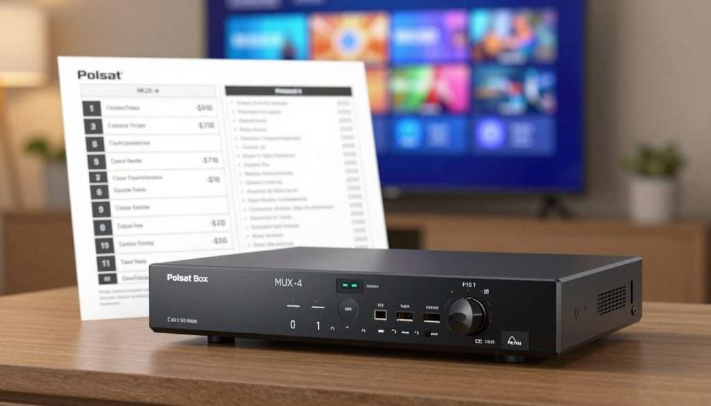 A sleek, modern Polsat Box MUX-4 decoder prominently displayed in the foreground, showcasing its stylish design and interface. The decoder is angled slightly to reveal its ports and connections. In the middle ground, a well-organized collection of channel listings and pricing information is subtly integrated, hinting at the services offered without any text. The background features a softly blurred living room setting with a television screen showing vibrant, high-definition imagery, conveying a home entertainment atmosphere. The lighting is warm and inviting, with soft shadows creating a comfortable feel. The scene is shot from a low angle, emphasizing the decoder's sleek contours against the domestic environment. The overall mood is informative yet welcoming, reflecting the quality and value of the MUX-4 service.