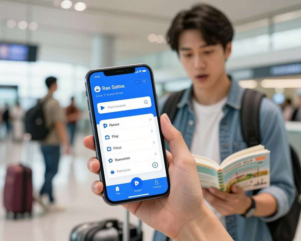A smartphone displaying a mobile app interface with a clear focus on the roaming status check, placed prominently in the foreground. The screen shows a vivid and user-friendly design indicating roaming options with an emphasis on Play. In the middle ground, a travel enthusiast, dressed in smart-casual attire, appears engaged and curious, holding the phone while glancing at a travel guidebook. The background features a softly blurred airport setting, with travelers and luggage subtly suggested, conveying a sense of anticipation for an upcoming trip. Soft, natural lighting enhances the scene, creating an optimistic and informative atmosphere, suggesting the importance of checking roaming settings before international travel. A smartphone displaying a mobile app interface with a clear focus on the roaming status check, placed prominently in the foreground. The screen shows a vivid and user-friendly design indicating roaming options with an emphasis on Play. In the middle ground, a travel enthusiast, dressed in smart-casual attire, appears engaged and curious, holding the phone while glancing at a travel guidebook. The background features a softly blurred airport setting, with travelers and luggage subtly suggested, conveying a sense of anticipation for an upcoming trip. Soft, natural lighting enhances the scene, creating an optimistic and informative atmosphere, suggesting the importance of checking roaming settings before international travel.