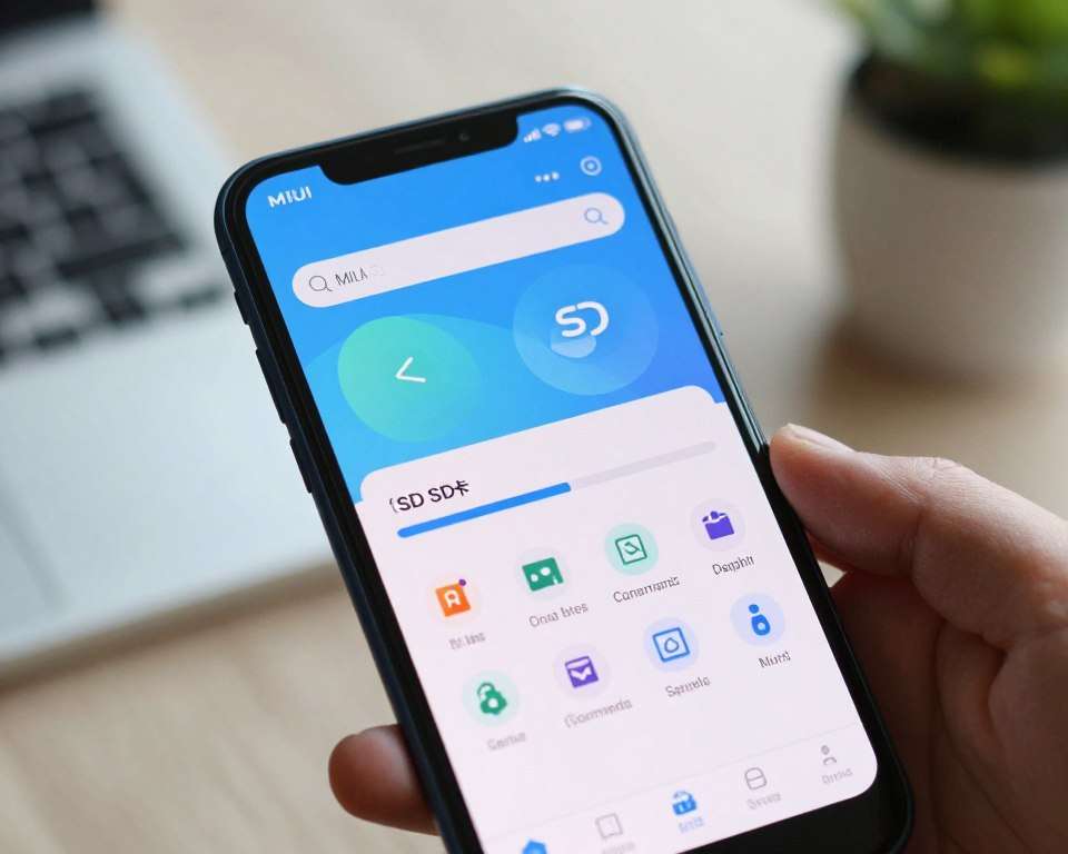 A smartphone displaying the MIUI interface, illustrating the process of transferring an application to an SD card. In the foreground, the phone screen shows a vibrant, clear display with app icons and a progress bar indicating the transfer. The background features a soft-focus setting, perhaps a desk with a notebook and plant, creating a professional atmosphere. Natural lighting casts a gentle glow on the smartphone, emphasizing the sleek design and clarity of the screen. The angle is slightly tilted towards the viewer, capturing the details of the interface while maintaining a clean and organized look. The mood is focused and technical, conveying the importance of efficient app management in modern technology. A smartphone displaying the MIUI interface, illustrating the process of transferring an application to an SD card. In the foreground, the phone screen shows a vibrant, clear display with app icons and a progress bar indicating the transfer. The background features a soft-focus setting, perhaps a desk with a notebook and plant, creating a professional atmosphere. Natural lighting casts a gentle glow on the smartphone, emphasizing the sleek design and clarity of the screen. The angle is slightly tilted towards the viewer, capturing the details of the interface while maintaining a clean and organized look. The mood is focused and technical, conveying the importance of efficient app management in modern technology.