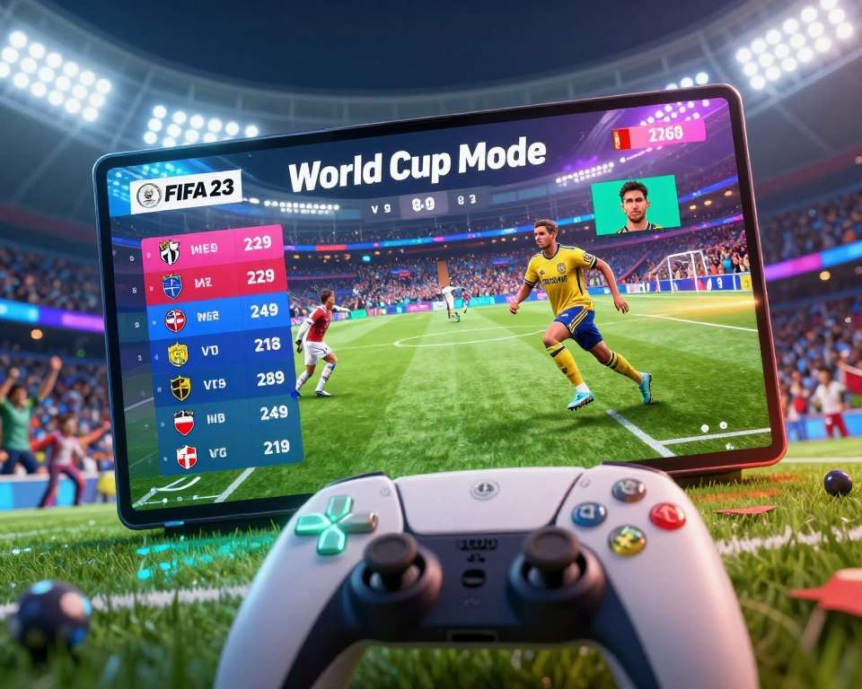 A vibrant and dynamic scene depicting the "World Cup Mode" interface in FIFA 23, featuring a visually rich and engaging layout. In the foreground, a detailed representation of a game controller with illuminated buttons symbolizes player interaction. The middle ground presents an interactive screen showcasing colorful match statistics, team selections, and player avatars in action poses, emphasizing the excitement of the tournament. The background is filled with a stylized soccer stadium, illuminated under bright stadium lights, with fans cheering in the stands, creating an electric atmosphere. Soft reflections and glow effects enhance the modern digital aesthetic. The mood is energetic and competitive, capturing the essence of world class soccer gaming. The angle is slightly tilted to provide depth, focusing on user engagement and excitement in this thrilling FIFA experience. A vibrant and dynamic scene depicting the "World Cup Mode" interface in FIFA 23, featuring a visually rich and engaging layout. In the foreground, a detailed representation of a game controller with illuminated buttons symbolizes player interaction. The middle ground presents an interactive screen showcasing colorful match statistics, team selections, and player avatars in action poses, emphasizing the excitement of the tournament. The background is filled with a stylized soccer stadium, illuminated under bright stadium lights, with fans cheering in the stands, creating an electric atmosphere. Soft reflections and glow effects enhance the modern digital aesthetic. The mood is energetic and competitive, capturing the essence of world class soccer gaming. The angle is slightly tilted to provide depth, focusing on user engagement and excitement in this thrilling FIFA experience.