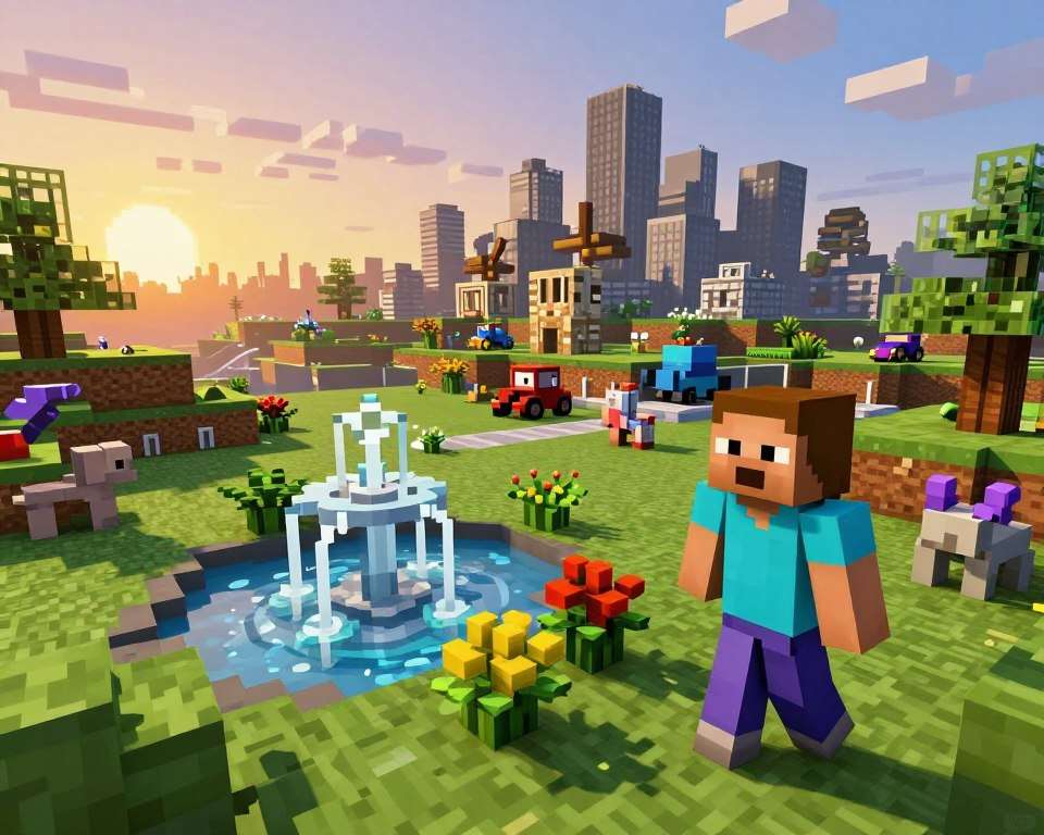 A vibrant digital landscape showcasing an updated Minecraft Bedrock Edition scene. In the foreground, a character in casual attire is joyfully interacting with newly added features, like a sparkling water fountain and colorful flora. The middle ground displays various distinct block types reflecting the latest update, including a modern city skyline in Minecraft style and interactive elements like vehicles and animals. The background features a picturesque sunset with warm hues illuminating the sky, casting playful shadows across the terrain. The atmosphere is lively and inviting, suggesting exploration and excitement. The lighting is soft yet dynamic, highlighting the details of the blocks and enhancing the overall depth of the scene, with a slightly angled perspective for an immersive effect.