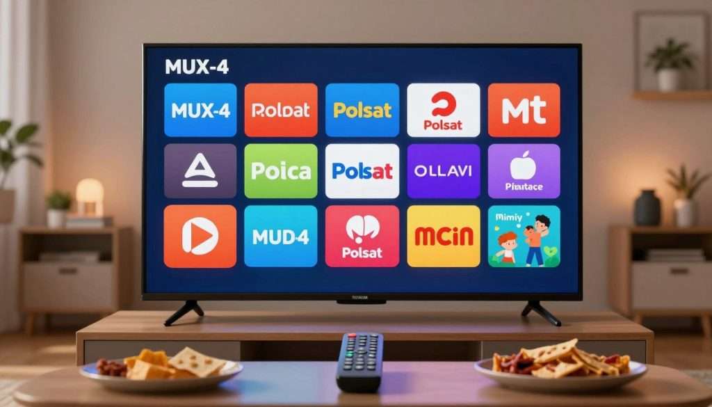 A visually engaging illustration depicting a digital television screen showcasing a grid of television channels available in MUX-4, emphasizing the unencoded aspect. In the foreground, richly colored channel logos and program titles are prominently displayed, with a clear focus on popular selections like Polsat and other family-friendly networks. The middle ground features a remote control positioned on a modern coffee table, surrounded by snacks, indicating a cozy viewing experience. The background should include a stylish living room setting with soft, ambient lighting creating a warm atmosphere, suggesting relaxation and enjoyment. Use a shallow depth of field to highlight the television screen while softly blurring the background. Aim for a contemporary feel that resonates with tech-savvy audiences.