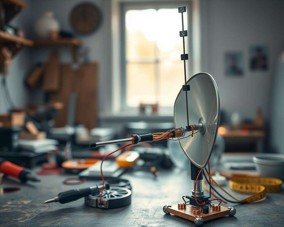 A DIY WiFi directional antenna displayed prominently in the foreground, showcasing its intricate construction with elements like repurposed materials, copper wiring, and a reflective parabolic dish. The middle ground features a workbench cluttered with tools such as a soldering iron, wire cutters, and a measuring tape, emphasizing a hands-on workshop atmosphere. In the background, a faint view of a window with daylight streaming in, illuminating the space with soft, warm light, creating an inviting and productive tone. The image is captured with a shallow depth of field, highlighting the antenna while softly blurring the tools behind it. The mood should convey ingenuity and creativity in the realm of home engineering and tech projects.