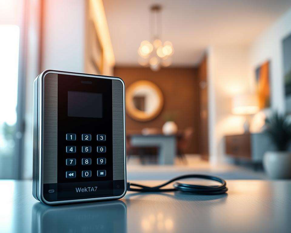 A close-up of the Wekta TK7 intercom system, prominently displayed against a sleek, modern backdrop. The foreground features the intercom panel with its clear buttons and screen illuminated by soft, natural lighting. In the middle ground, a two-wire installation setup is visible, showcasing neat cable management, emphasizing the device's simplicity and functionality. In the background, a blurred but contemporary home environment, such as a stylish hallway or entryway, hints at where the intercom would be used, adding context to its purpose. The atmosphere is tech-savvy and inviting, exuding a sense of modern convenience. Capture the image with a focus on clarity, employing a shallow depth of field to emphasize the intercom and its installation while creating a warm feel.