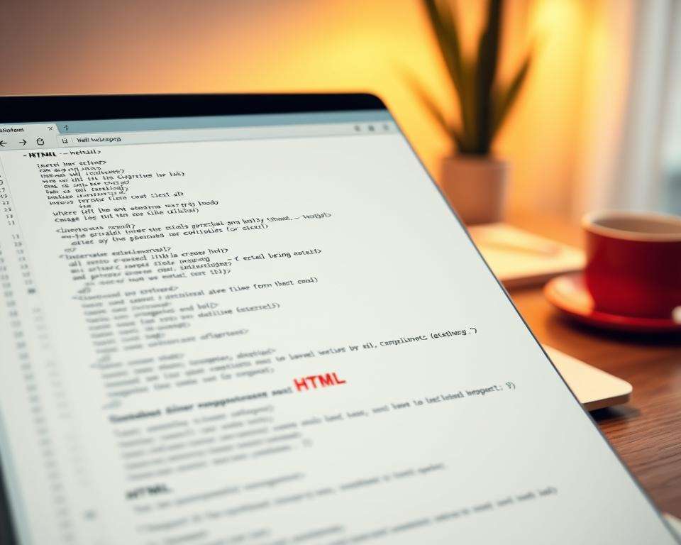 A close-up view of a Notepad editor displaying a well-structured HTML document. The foreground features an open Notepad window with clearly organized HTML code, showcasing tags like <html>, <head>, <title>, and <body>, highlighted for emphasis. In the middle, include a softly blurred desktop environment with a sleek laptop to suggest a cozy workspace. The background contains a warm, ambient lighting setting with a hint of personal items like a coffee cup and a notepad, creating a professional yet casual atmosphere. The angle should be slightly tilted to capture both the screen's details and the overall workspace context, evoking a sense of focus and productivity suitable for introducing HTML concepts.