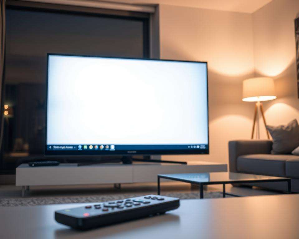 A close-up view of a Samsung TV screen displaying a frozen white browser page, signifying a browser malfunction. In the foreground, a remote control lies next to the TV, partially blurred to emphasize the screen's issue. The middle layer shows the sleek contours of a modern living room, with minimalist furniture and a soft, ambient light creating a calm atmosphere. In the background, a subtle reflection of darkened windows hints at evening time, while a softly glowing lamp casts warm light across the scene. The overall mood is one of quiet frustration, capturing the essence of technology challenges in a relatable and visually engaging manner.