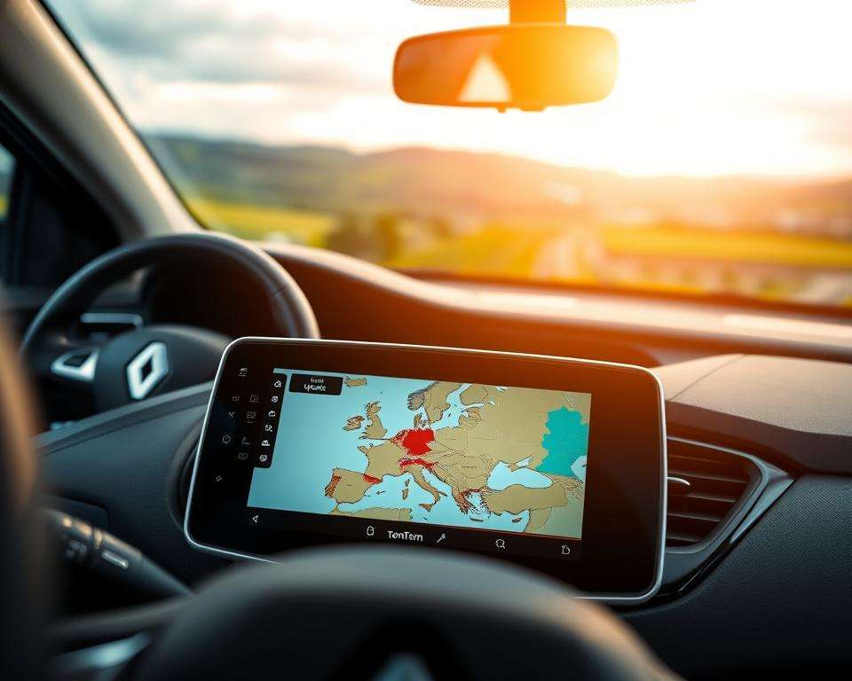 A close-up view of a TomTom navigation system displaying a vibrant map of Europe inside a modern Renault car. The foreground features a sleek dashboard, emphasizing the navigation device's screen with clear graphics and an update notification. In the middle of the scene, soft ambient lighting illuminates the car's interior, creating a comfortable and tech-savvy atmosphere. In the background, through the car windows, a blurred landscape of European countryside and cityscapes suggests travel and exploration. The image captures a sense of anticipation and professionalism, aimed at driving enthusiasts and travelers. The composition is photographed from a low angle, highlighting the technology while ensuring no people are present in the frame.