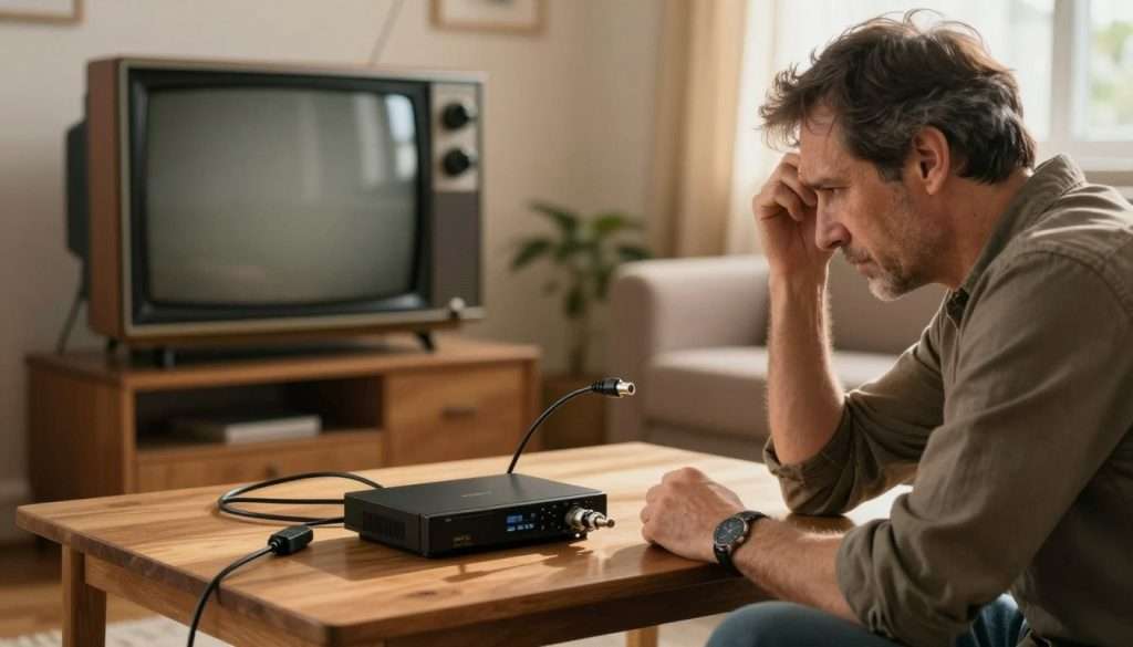 A cozy living room scene featuring an old television set and a DVB-T2 decoder on a wooden table, scattered with various cables and adapters. In the foreground, a middle-aged man in casual attire is examining the setup, appearing puzzled as he holds a scart cable. The middle ground shows a television with an unclear display and the decoder connected but malfunctioning, indicating connection issues. In the background, soft ambient lighting enhances a warm atmosphere while a sunbeam filters through a nearby window, casting a gentle glow on the scene. The focus is on the man and the technical setup, illustrating the challenges of connecting outdated technology with modern devices. A cozy living room scene featuring an old television set and a DVB-T2 decoder on a wooden table, scattered with various cables and adapters. In the foreground, a middle-aged man in casual attire is examining the setup, appearing puzzled as he holds a scart cable. The middle ground shows a television with an unclear display and the decoder connected but malfunctioning, indicating connection issues. In the background, soft ambient lighting enhances a warm atmosphere while a sunbeam filters through a nearby window, casting a gentle glow on the scene. The focus is on the man and the technical setup, illustrating the challenges of connecting outdated technology with modern devices.