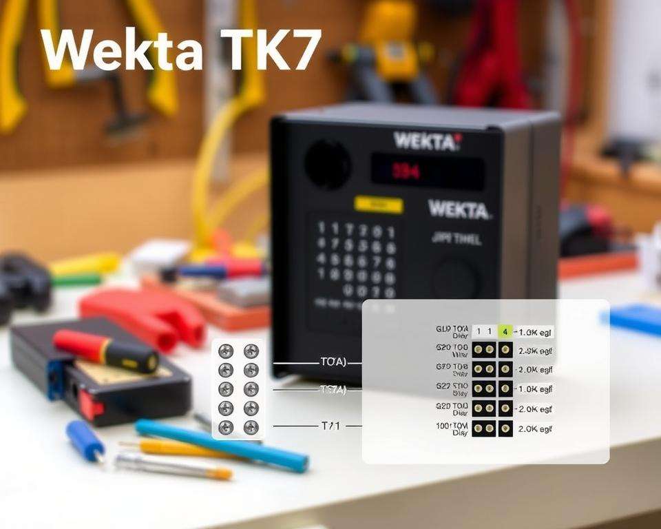 A detailed configuration diagram of the Wekta TK7 intercom system, showcasing the jumper settings for a 2-wire installation. In the foreground, display a clear and precise schematic of the jumper connections with labels for each terminal. The middle ground should feature a realistic representation of the Wekta TK7 unit, highlighting its design and wiring ports. In the background, softly blur a workspace setting, complete with tools and electrical components, to create a technical atmosphere. Utilize bright, natural lighting to emphasize the clarity of the diagram and the intercom unit. The overall mood should be professional and informative, ideal for an instructional context.
