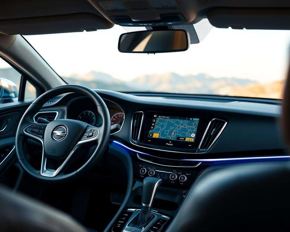 A detailed interior shot of an Opel Insignia featuring the Navi 900 navigation system prominently displayed on the dashboard. The foreground showcases the sleek, modern design of the Navi 900 screen, illuminated with a vibrant map interface. In the middle ground, focus on the luxurious dashboard with stylish controls, surrounded by high-quality materials and subtle ambient lighting that emphasizes the modern aesthetics of the vehicle. The background hints at a scenic driving environment visible through the windshield, enhancing the sense of adventure. Use soft, natural lighting to convey a professional, inviting atmosphere. The angle captures the dashboard on a slight angle, highlighting the technology while maintaining a polished, inviting feel. A detailed interior shot of an Opel Insignia featuring the Navi 900 navigation system prominently displayed on the dashboard. The foreground showcases the sleek, modern design of the Navi 900 screen, illuminated with a vibrant map interface. In the middle ground, focus on the luxurious dashboard with stylish controls, surrounded by high-quality materials and subtle ambient lighting that emphasizes the modern aesthetics of the vehicle. The background hints at a scenic driving environment visible through the windshield, enhancing the sense of adventure. Use soft, natural lighting to convey a professional, inviting atmosphere. The angle captures the dashboard on a slight angle, highlighting the technology while maintaining a polished, inviting feel.