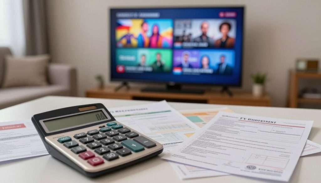 A detailed scene depicting the costs of foreign TV reception, specifically focusing on Czech and German channels. In the foreground, a calculator with pressed buttons sits on a desk surrounded by bills and invoices, symbolizing the financial aspect of receiving foreign channels. In the middle, an oversized television displays a split screen: one side represents Czech channels with vibrant and colorful scenes, while the other shows German channels with a muted aesthetic. The background features a home setting with a cozy sofa, soft lighting illuminating the room, lending a warm atmosphere to the scene. Capture the image from a slightly elevated angle to provide depth, emphasizing the contrast between the lively TV content and the array of financial papers on the table. A detailed scene depicting the costs of foreign TV reception, specifically focusing on Czech and German channels. In the foreground, a calculator with pressed buttons sits on a desk surrounded by bills and invoices, symbolizing the financial aspect of receiving foreign channels. In the middle, an oversized television displays a split screen: one side represents Czech channels with vibrant and colorful scenes, while the other shows German channels with a muted aesthetic. The background features a home setting with a cozy sofa, soft lighting illuminating the room, lending a warm atmosphere to the scene. Capture the image from a slightly elevated angle to provide depth, emphasizing the contrast between the lively TV content and the array of financial papers on the table.
