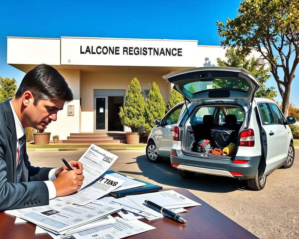A detailed scene illustrating the process of registering a passenger car as a light commercial vehicle (category N1). In the foreground, a professional dressed in business attire is filling out paperwork at a desk cluttered with vehicle registration documents and forms. In the middle ground, a modern passenger car is parked outside a government registration office, with its trunk open, showing various automotive accessories. The background features a clear blue sky and trees, set against the facade of the registration office, which has a welcoming entrance. The lighting is bright and natural, casting soft shadows that create a professional atmosphere. The composition conveys a sense of clarity and organization, emphasizing the importance of following regulations in vehicle registration. A detailed scene illustrating the process of registering a passenger car as a light commercial vehicle (category N1). In the foreground, a professional dressed in business attire is filling out paperwork at a desk cluttered with vehicle registration documents and forms. In the middle ground, a modern passenger car is parked outside a government registration office, with its trunk open, showing various automotive accessories. The background features a clear blue sky and trees, set against the facade of the registration office, which has a welcoming entrance. The lighting is bright and natural, casting soft shadows that create a professional atmosphere. The composition conveys a sense of clarity and organization, emphasizing the importance of following regulations in vehicle registration.