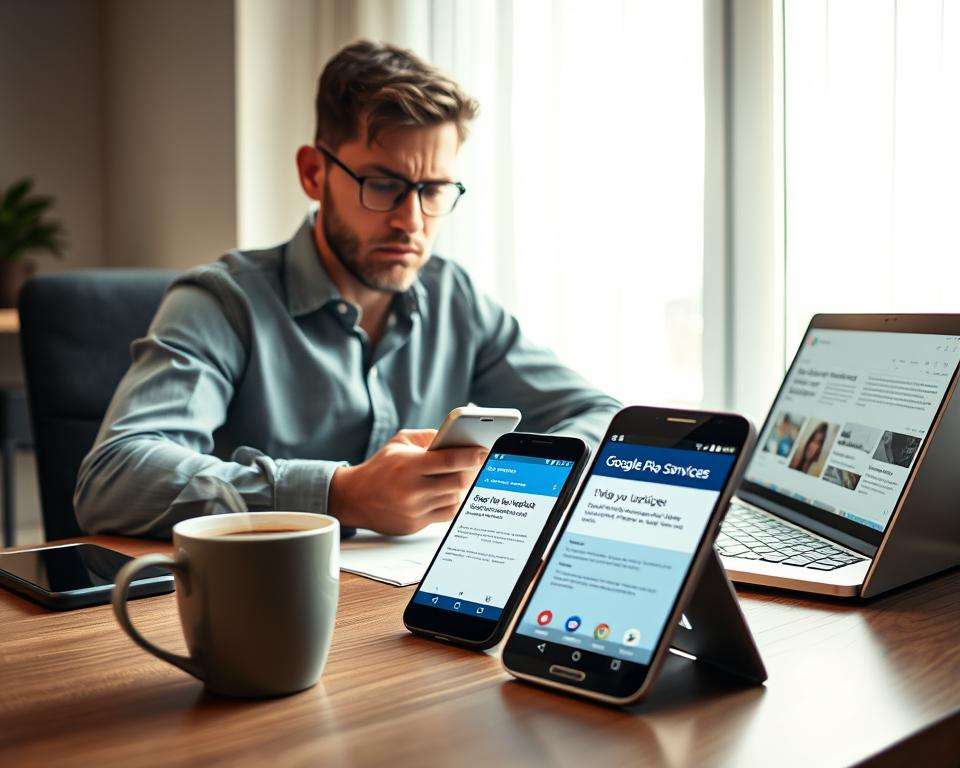 A frustrated smartphone user sitting at a modern desk, surrounded by digital devices and ambient light. The user, dressed in casual yet professional attire, looks perplexed while gazing at the screen of their phone, which displays the Google Play Services update page with error notifications. In the foreground, a steaming cup of coffee sits next to the phone, conveying a sense of the user's stress. The middle ground features a laptop showing articles about troubleshooting Google Play Services, hinting at the issue at hand. Soft, natural lighting filters through a window in the background, enhancing the atmosphere of confusion and urgency. The overall mood is one of frustration and determination, reflecting the struggle to resolve the update issue.