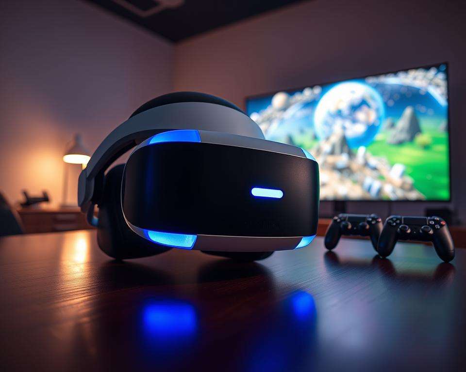 A high-tech scene illustrating the PlayStation VR headset in a modern gaming setup. In the foreground, a sleek PlayStation VR headset is prominently displayed with its advanced lenses and comfortable padding visible. The middle ground features a stylish gaming console and controllers, all set on a polished wooden desk. Background elements include a large flat-screen TV displaying a vibrant virtual world, casting dynamic lighting across the space. Soft ambient lighting highlights the technological features, creating an immersive atmosphere. The scene conveys excitement and innovation, perfect for a gaming environment, inviting viewers to explore the possibilities of VR technology. A high-tech scene illustrating the PlayStation VR headset in a modern gaming setup. In the foreground, a sleek PlayStation VR headset is prominently displayed with its advanced lenses and comfortable padding visible. The middle ground features a stylish gaming console and controllers, all set on a polished wooden desk. Background elements include a large flat-screen TV displaying a vibrant virtual world, casting dynamic lighting across the space. Soft ambient lighting highlights the technological features, creating an immersive atmosphere. The scene conveys excitement and innovation, perfect for a gaming environment, inviting viewers to explore the possibilities of VR technology.