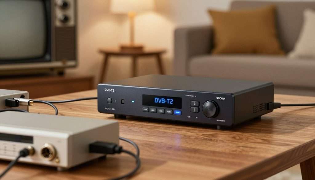 A modern DVB-T2 decoder with USB multimedia capabilities sits prominently on a wooden table, showcasing its sleek design with illuminated buttons and a digital display. In the foreground, a pair of old-school TV and VCR units with SCART connectors highlight the contrast between old and new technology. The middle ground reveals various multimedia cables, linking the decoder to the vintage devices, emphasizing the connection between them. The background is a softly blurred living room setting, featuring a cozy atmosphere with warm lighting from a nearby lamp. The composition conveys a sense of nostalgia and innovation, illustrating how contemporary technology integrates with older systems harmoniously. The angle captures the decoder on a slight tilt, inviting the viewer into the scene while maintaining focus on the primary subject. A modern DVB-T2 decoder with USB multimedia capabilities sits prominently on a wooden table, showcasing its sleek design with illuminated buttons and a digital display. In the foreground, a pair of old-school TV and VCR units with SCART connectors highlight the contrast between old and new technology. The middle ground reveals various multimedia cables, linking the decoder to the vintage devices, emphasizing the connection between them. The background is a softly blurred living room setting, featuring a cozy atmosphere with warm lighting from a nearby lamp. The composition conveys a sense of nostalgia and innovation, illustrating how contemporary technology integrates with older systems harmoniously. The angle captures the decoder on a slight tilt, inviting the viewer into the scene while maintaining focus on the primary subject.