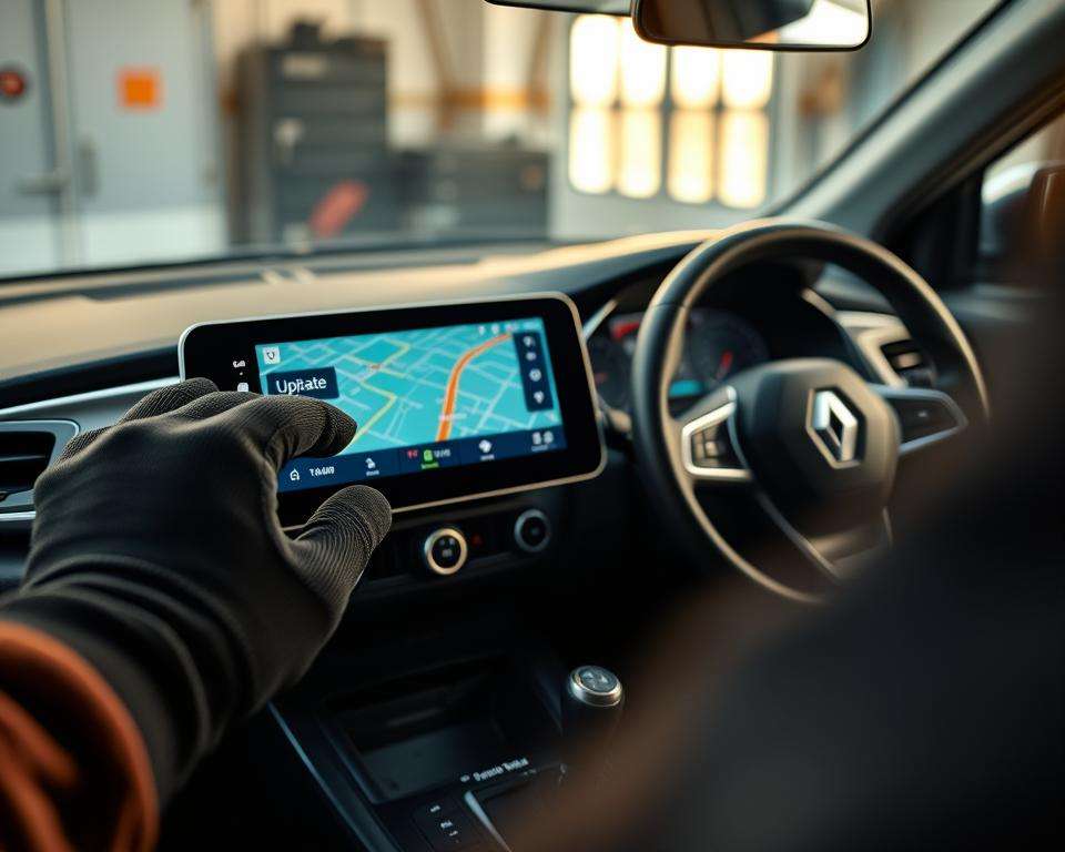 A modern Renault car interior, focusing on the dashboard displaying a vibrant TomTom navigation map on the screen. In the foreground, a gloved hand interacts with the touchscreen, selecting the 'Update' option. The middle ground features a close-up view of the TomTom interface showing detailed map routes and points of interest. The background reveals the sleek styling of the Renault's interior, with soft ambient lighting enhancing a high-tech atmosphere. The scene is set in a cozy garage, with warm light filtering through a nearby window, creating a professional, focused mood. Capture the essence of efficient navigation updates, emphasizing clarity and precision.