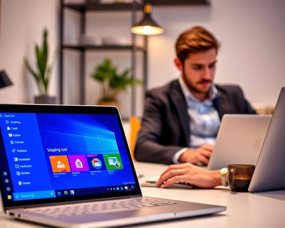 A modern computer setup showcasing a Windows 10 interface with an automatic screenshot feature. In the foreground, a sleek laptop screen displays the "Snipping Tool" app interface, highlighting options for screen capture with vibrant icons. In the middle, a user, dressed in professional attire, is actively using the laptop, fingers poised over the keyboard, looking focused and engaged. The background features a stylish, well-organized workspace with soft, ambient lighting, including a small potted plant and a mug of coffee, creating a comfortable and inviting atmosphere. The overall mood conveys motivation and productivity, emphasizing the ease of capturing and saving screenshots automatically on Windows 10. A modern computer setup showcasing a Windows 10 interface with an automatic screenshot feature. In the foreground, a sleek laptop screen displays the "Snipping Tool" app interface, highlighting options for screen capture with vibrant icons. In the middle, a user, dressed in professional attire, is actively using the laptop, fingers poised over the keyboard, looking focused and engaged. The background features a stylish, well-organized workspace with soft, ambient lighting, including a small potted plant and a mug of coffee, creating a comfortable and inviting atmosphere. The overall mood conveys motivation and productivity, emphasizing the ease of capturing and saving screenshots automatically on Windows 10.
