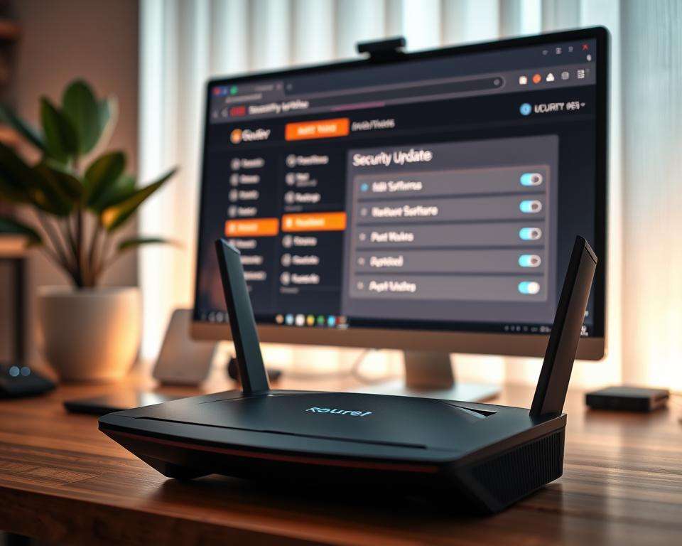 A modern home office setting focused on a sleek, high-tech router positioned on a wooden desk. In the foreground, the router is shown prominently with LED lights glowing, symbolizing active security updates. The middle section includes a computer screen displaying a user interface for a router's firmware update, showcasing various security settings and options. In the background, soft, ambient lighting creates a warm atmosphere, accentuated by a potted plant and subtle tech gadgets. The scene conveys a sense of security and professionalism, highlighting the importance of maintaining updated router firmware. The angle is slightly tilted to emphasize depth, and the overall mood is calm and focused, suggesting a proactive approach to network security.