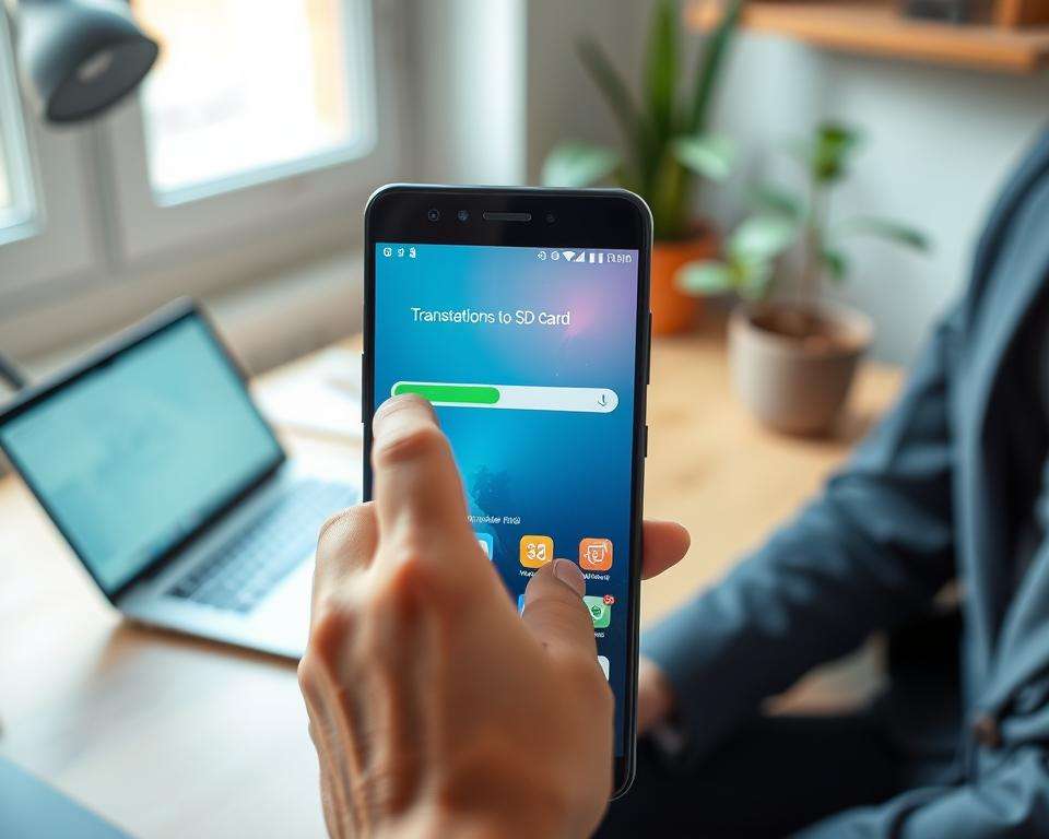 A modern smartphone, specifically a Xiaomi model, displaying the interface for transferring applications to an SD card. In the foreground, the screen shows a vibrant, clear transfer progress bar with colorful icons representing various apps. In the middle, a hand in a casual yet professional attire is gently tapping the screen, emphasizing user interaction. The background features a subtle blur of a cozy home office setting with a desk, laptop, and potted plant, creating a warm and inviting atmosphere. Soft, natural lighting filters in from a nearby window, illuminating the scene. The mood is focused and tech-savvy, capturing the essence of smartphone management and efficiency. A modern smartphone, specifically a Xiaomi model, displaying the interface for transferring applications to an SD card. In the foreground, the screen shows a vibrant, clear transfer progress bar with colorful icons representing various apps. In the middle, a hand in a casual yet professional attire is gently tapping the screen, emphasizing user interaction. The background features a subtle blur of a cozy home office setting with a desk, laptop, and potted plant, creating a warm and inviting atmosphere. Soft, natural lighting filters in from a nearby window, illuminating the scene. The mood is focused and tech-savvy, capturing the essence of smartphone management and efficiency.