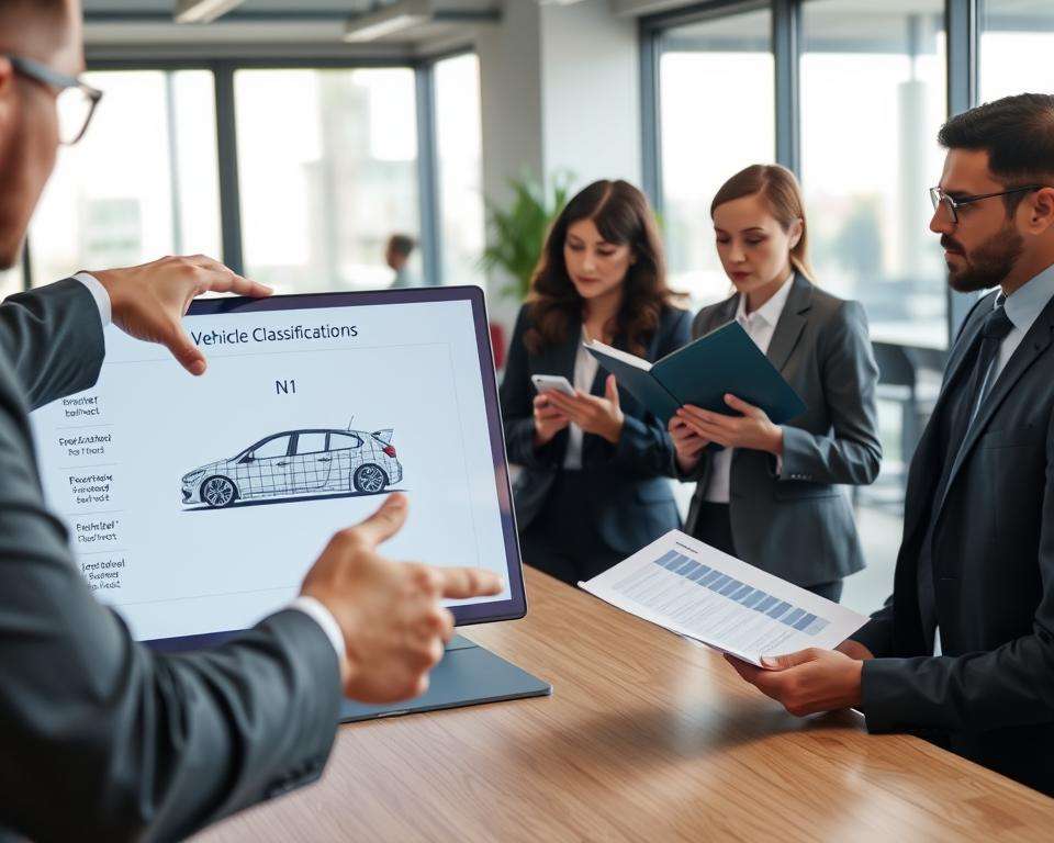 A professional setting depicting a business meeting where a diverse group of professionals is discussing vehicle insurance. In the foreground, a man in a suit points towards a digital presentation showing a breakdown of vehicle classifications, highlighting a car with a grid pattern symbolizing the N1 homologation. In the middle, a woman in business attire takes notes, looking thoughtfully at a brochure about insurance rates. The background features a modern office space with large windows illuminating the scene with soft natural light. The atmosphere is collaborative and focused, emphasizing the importance of understanding vehicle classifications in insurance. The image should have a sharp focus on the subjects, with a slight blur in the background to create depth. A professional setting depicting a business meeting where a diverse group of professionals is discussing vehicle insurance. In the foreground, a man in a suit points towards a digital presentation showing a breakdown of vehicle classifications, highlighting a car with a grid pattern symbolizing the N1 homologation. In the middle, a woman in business attire takes notes, looking thoughtfully at a brochure about insurance rates. The background features a modern office space with large windows illuminating the scene with soft natural light. The atmosphere is collaborative and focused, emphasizing the importance of understanding vehicle classifications in insurance. The image should have a sharp focus on the subjects, with a slight blur in the background to create depth.