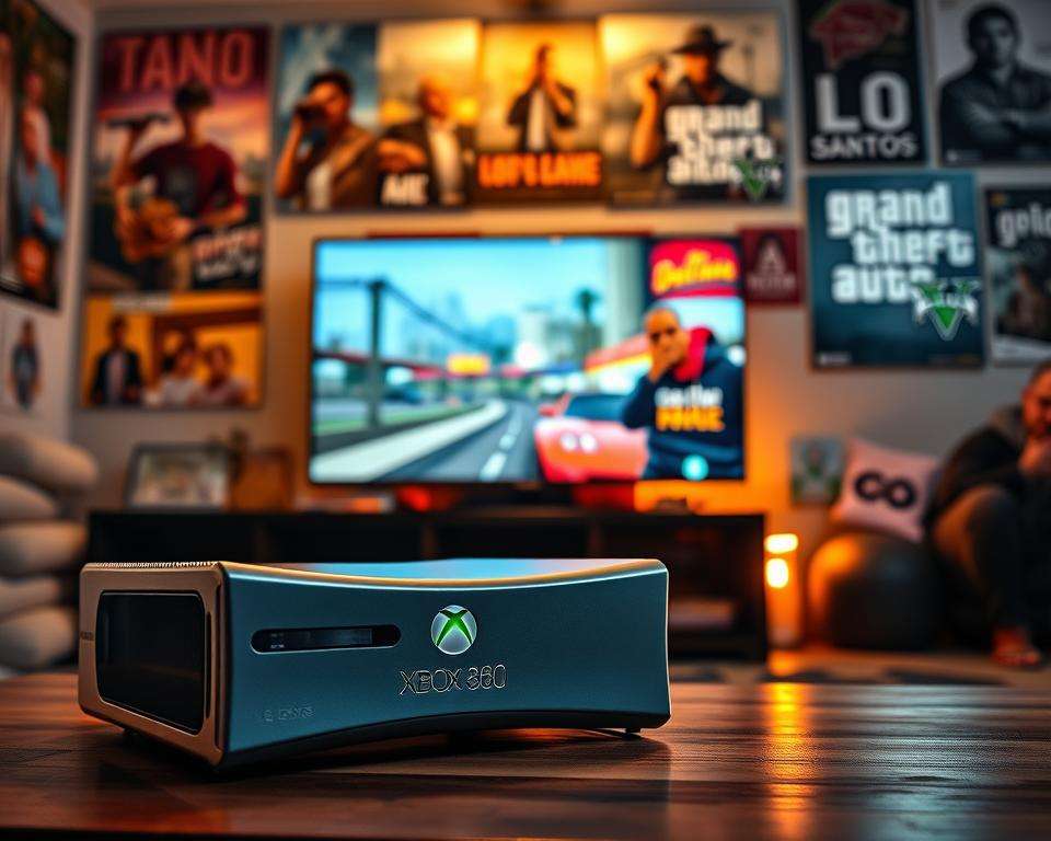 A realistic Xbox 360 console set prominently in the foreground, showcasing its distinctive design with a glowing power button. Surrounding the console, a vivid display of Grand Theft Auto V artwork, featuring iconic characters in action poses, set against a backdrop of the colorful and chaotic city of Los Santos. The middle ground includes a gaming setup with a large flat-screen TV displaying an in-game scene, illuminated by warm ambient lighting to create a cozy atmosphere. In the background, the room is decorated with posters and themed memorabilia related to the game, enhancing the gaming ambiance. Soft lighting casts subtle shadows, evoking a nostalgic yet exciting mood, reminiscent of classic gaming sessions. The angle is slightly tilted, capturing both the console and the vibrant visuals on the screen, inviting the viewer into the world of GTA V. A realistic Xbox 360 console set prominently in the foreground, showcasing its distinctive design with a glowing power button. Surrounding the console, a vivid display of Grand Theft Auto V artwork, featuring iconic characters in action poses, set against a backdrop of the colorful and chaotic city of Los Santos. The middle ground includes a gaming setup with a large flat-screen TV displaying an in-game scene, illuminated by warm ambient lighting to create a cozy atmosphere. In the background, the room is decorated with posters and themed memorabilia related to the game, enhancing the gaming ambiance. Soft lighting casts subtle shadows, evoking a nostalgic yet exciting mood, reminiscent of classic gaming sessions. The angle is slightly tilted, capturing both the console and the vibrant visuals on the screen, inviting the viewer into the world of GTA V.