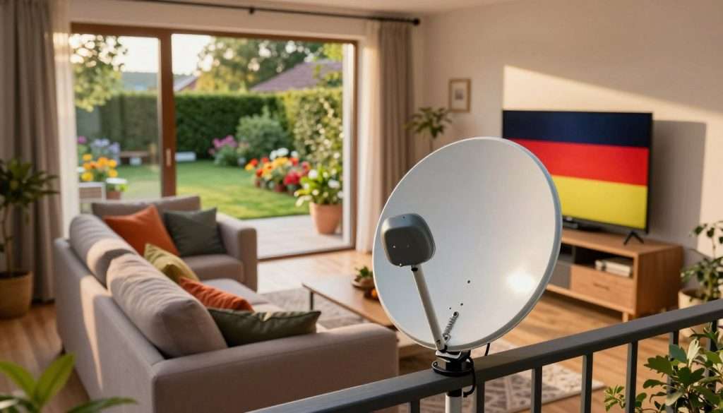 A scenic view of a modern television installation in a Polish living room, capturing vibrant satellite dishes tuned to German channels. In the foreground, a sleek satellite dish stands mounted on a balcony, glistening in the sunlight. The middle ground features a cozy living room with large windows, allowing natural light to flood in, showcasing a comfortable couch adorned with colorful cushions, and a stylish television displaying the iconic German channels. In the background, a lush garden adds depth, with flowerbeds blooming in vibrant colors. The atmosphere is warm and inviting, with soft golden hour lighting illuminating the scene, suggesting a peaceful evening of TV watching. The angle is slightly elevated to capture both the interior and exterior seamlessly, creating a harmonious blend of the home environment and satellite technology. A scenic view of a modern television installation in a Polish living room, capturing vibrant satellite dishes tuned to German channels. In the foreground, a sleek satellite dish stands mounted on a balcony, glistening in the sunlight. The middle ground features a cozy living room with large windows, allowing natural light to flood in, showcasing a comfortable couch adorned with colorful cushions, and a stylish television displaying the iconic German channels. In the background, a lush garden adds depth, with flowerbeds blooming in vibrant colors. The atmosphere is warm and inviting, with soft golden hour lighting illuminating the scene, suggesting a peaceful evening of TV watching. The angle is slightly elevated to capture both the interior and exterior seamlessly, creating a harmonious blend of the home environment and satellite technology.