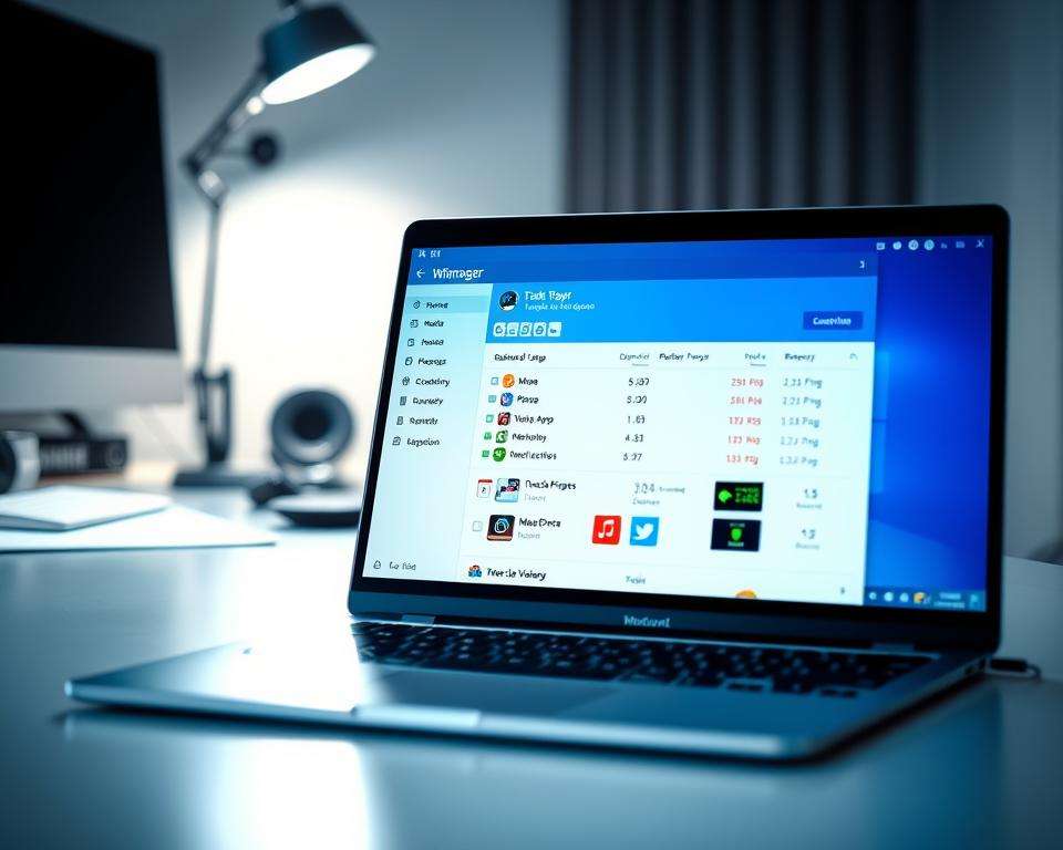 A sleek, modern Windows 11 desktop workspace in focus, showcasing the task manager with background applications visibly blocked. In the foreground, a professional-looking laptop displays the Windows 11 task manager interface, filled with statistics on background processes and memory usage. The middle layer includes colorful icons of common applications being disabled, such as messaging apps and music players, shown with a noticeable &ldquo;block&rdquo; symbol. Soft, diffused lighting illuminates the workspace, creating a clean and organized atmosphere. The background features a minimalistic desk with tech gadgets, ensuring a professional vibe. The angle captures the scene from a slightly elevated perspective, making it engaging and informative while conveying the importance of disabling background applications for better RAM management.